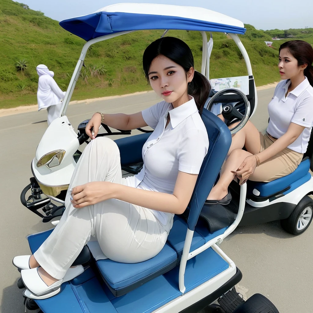 A Thai woman wearing a white shirt and blue trousers was driving a golf cart along the road with six Arab female guests happily riding in it. The background is the sea.