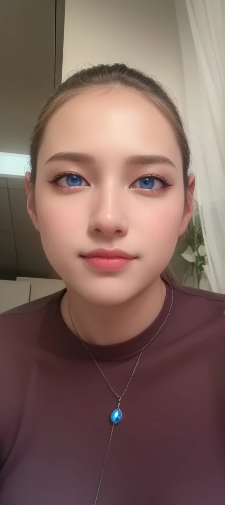 Beautiful big breastokeh), indoors, detailed luxury living room, gentle and charming beautiful goddess, smiling, Korean(kpop-idol), solo, necklace, oval face, double eyelids, smart, good hands, good feet, Natural, (from below angle), (glossy skin:1.05), ((low angle)), Perfect figure, (64k, UHD, RAW photo, best quality, masterpiece:1.4), (realistic, photo-realistic:1.37), ultra high res, photon mapping, radiosity, physically-based rendering, professional soft lighting, bright blue eyes, dark hair