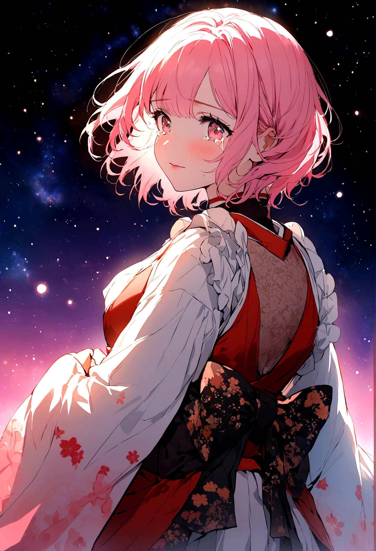 tears,space travel,lhe background is a beautiful universe.  Steam Locomotive Journey,This is an illustration of an animated female character with short cut pink hair shedding tears as she looks back. She wears a costume that mixes traditional Japanese clothing and armor with delicate and beautiful lace.The background is a beautiful universe.  This work is attractive in its vivid colors and fantastic atmosphere.