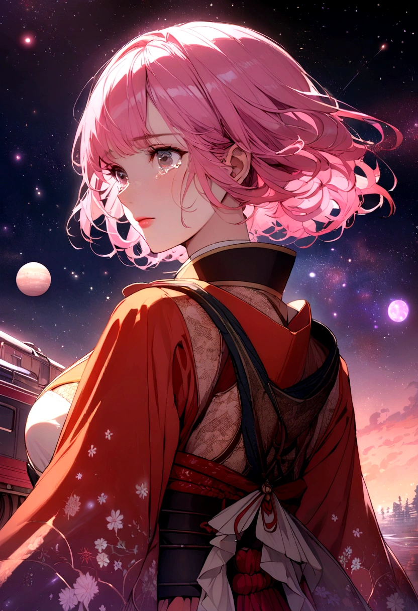 tears,space travel,lhe background is a beautiful universe.  Steam Locomotive Journey,This is an illustration of an animated female character with short cut pink hair shedding tears as she looks back. She wears a costume that mixes traditional Japanese clothing and armor with delicate and beautiful lace.The background is a beautiful universe.  This work is attractive in its vivid colors and fantastic atmosphere.