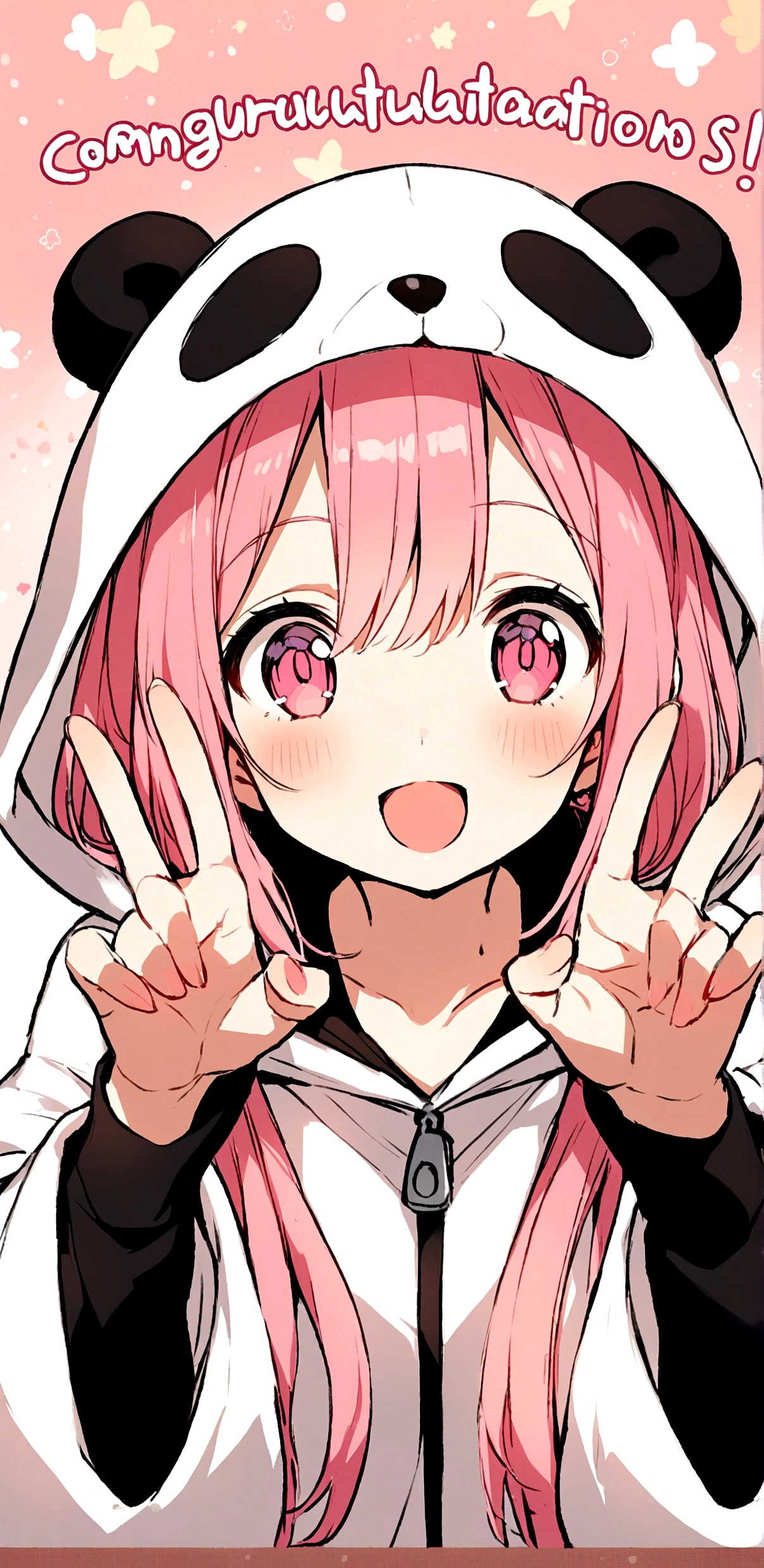 anime、Girl in panda costume、Pink Hair、Pink Eyes、Cute pose、Congratulations lettering