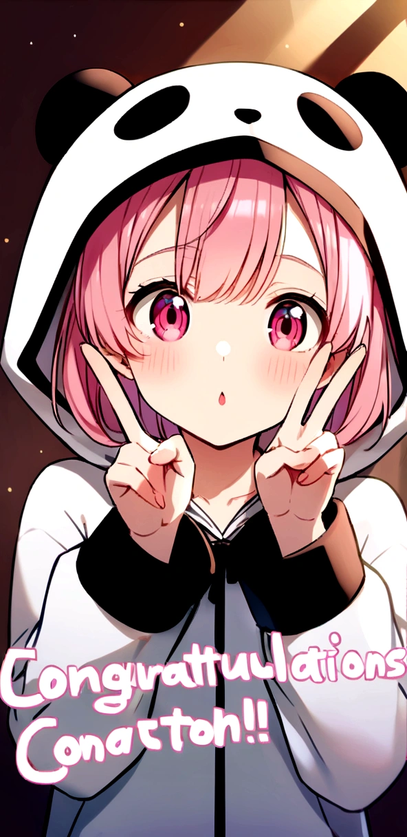 anime、Girl in panda costume、Pink Hair、Pink Eyes、Cute pose、Congratulations lettering