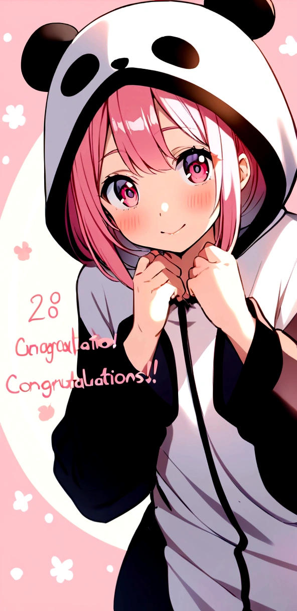 anime、Girl in panda costume、Pink Hair、Pink Eyes、Cute pose、Congratulations lettering