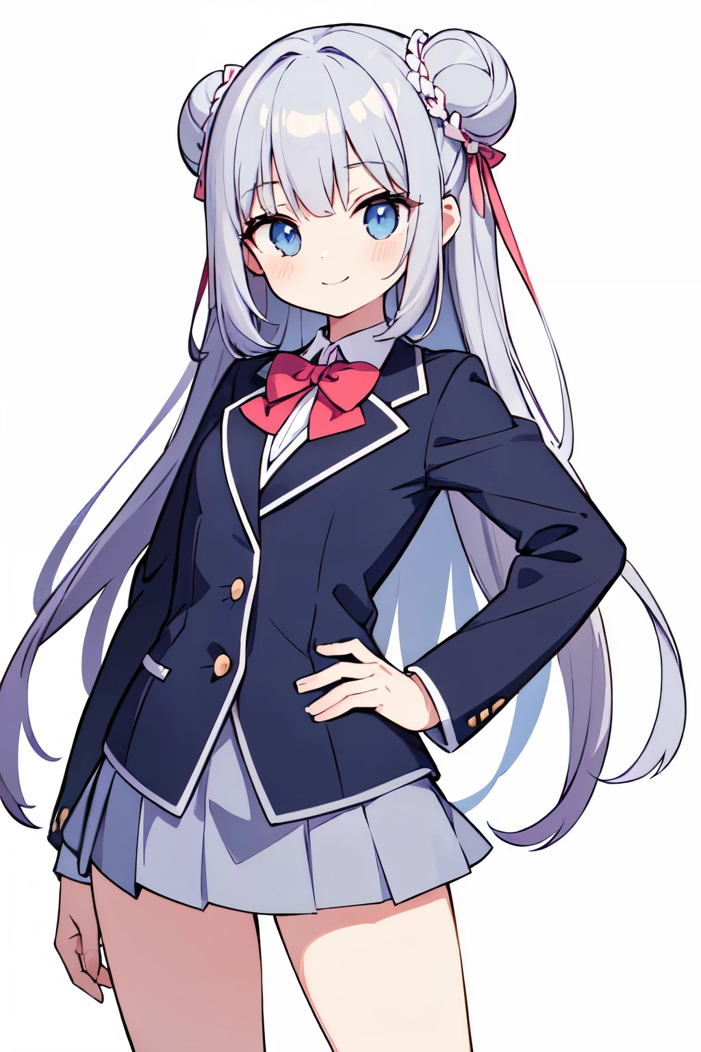 ((masterpiece, best quality, absurdres)), 2D, flat color, vector art, 1 girl, solo, skinny, long silver hair, double bun, smile, school uniform, dark peach blazer, short skirt, standing, hands on hips, cowboy shot, no background, white background