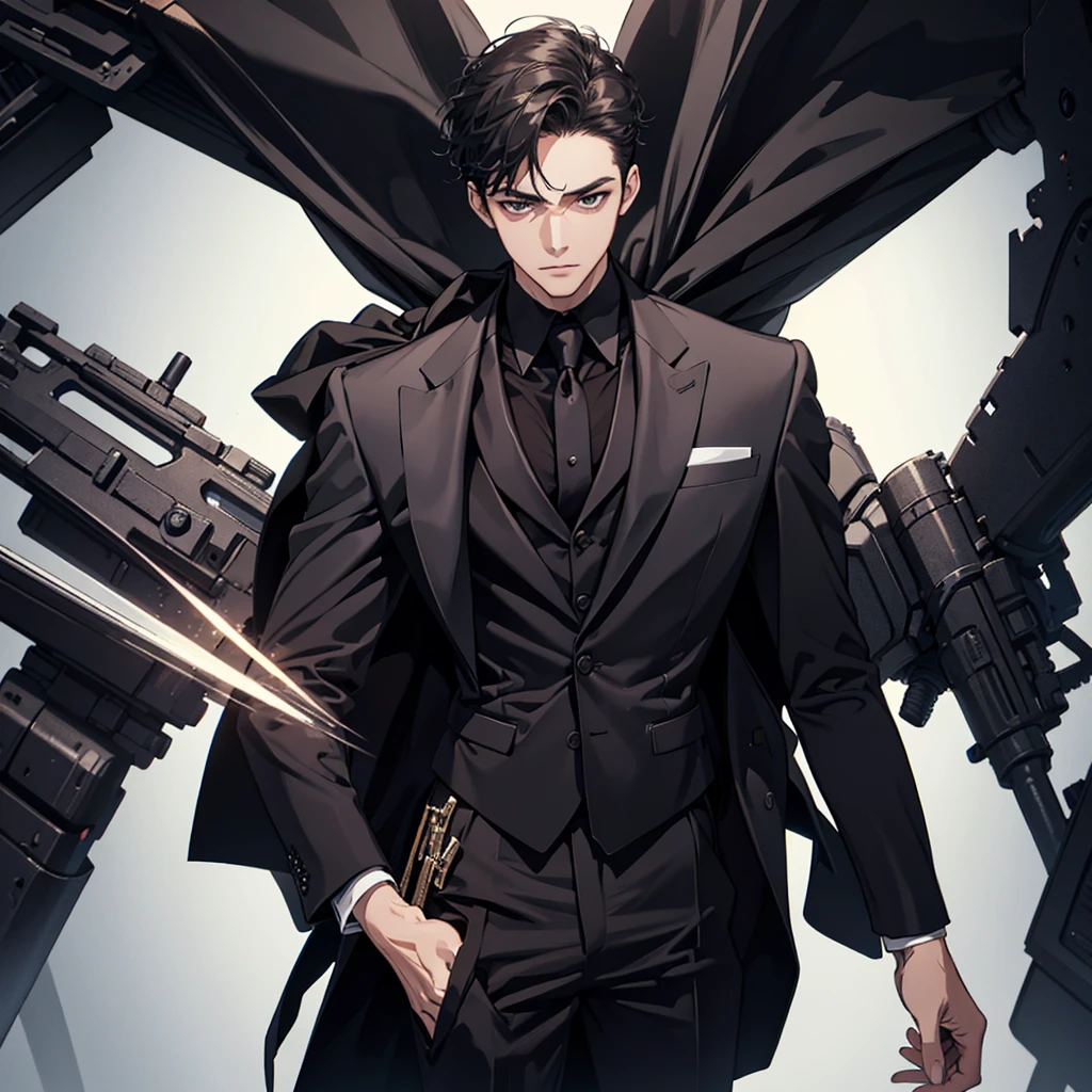 masterpiece, best quality, one man, black suit, simple background,