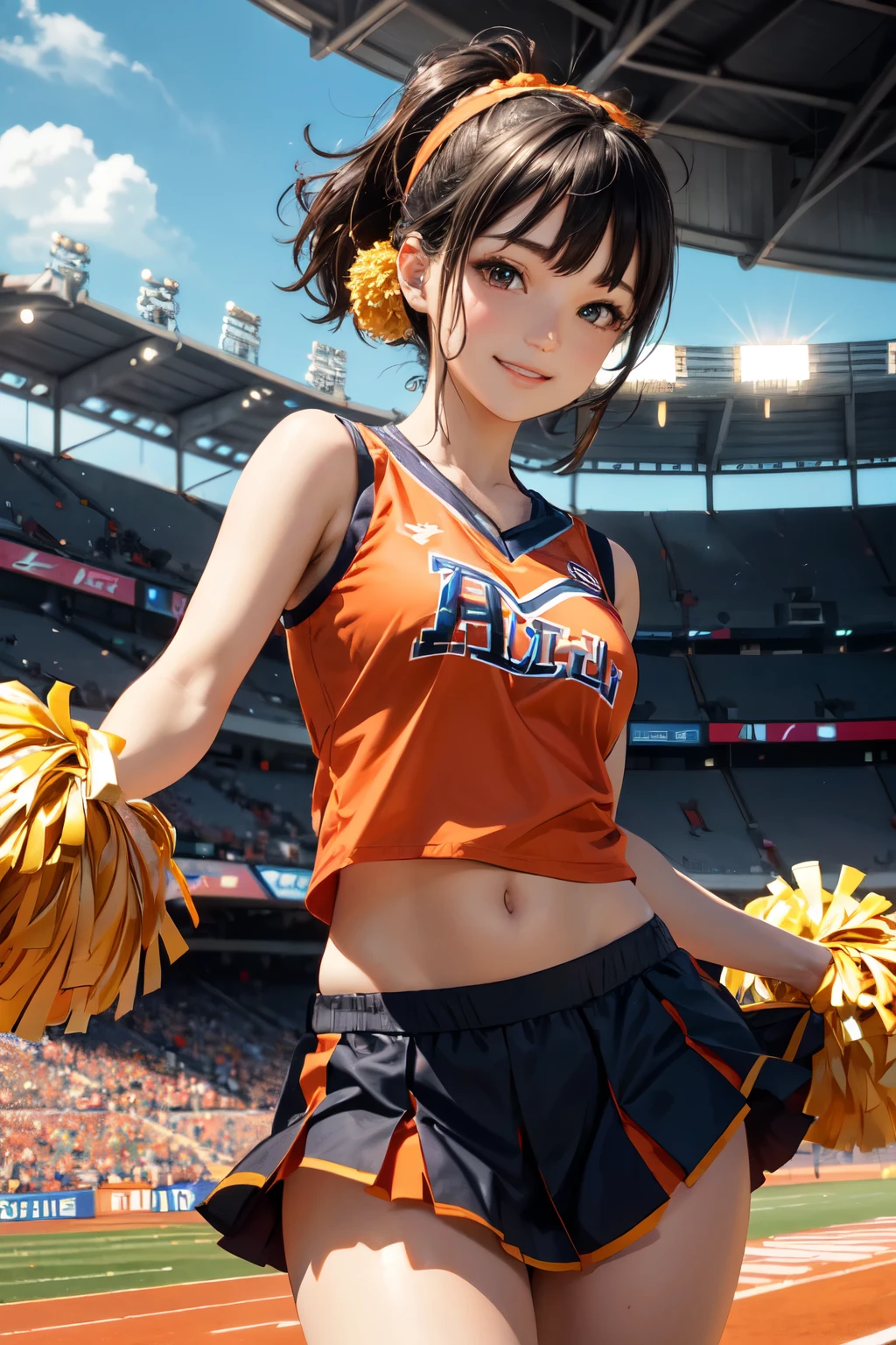 very cute and beautiful cheerleader girl,(highly detailed beautiful face),(holding pom poms:1.1),(smile:1.3),happy,
(stadium stands),cowboy shot,dynamic pose,(sleeveless orange cheerleader shirt),beautiful legs,
looking at viewer,black hair,hair band,
(best quality,masterpiece),absurdres,highres,ultra-detailed,extremely detailed,32k,8k resolution,
intricate details,cinematic scene,detailed background,solo,dynamic angle, hair fluttering in the wind,beautiful detailed sky,