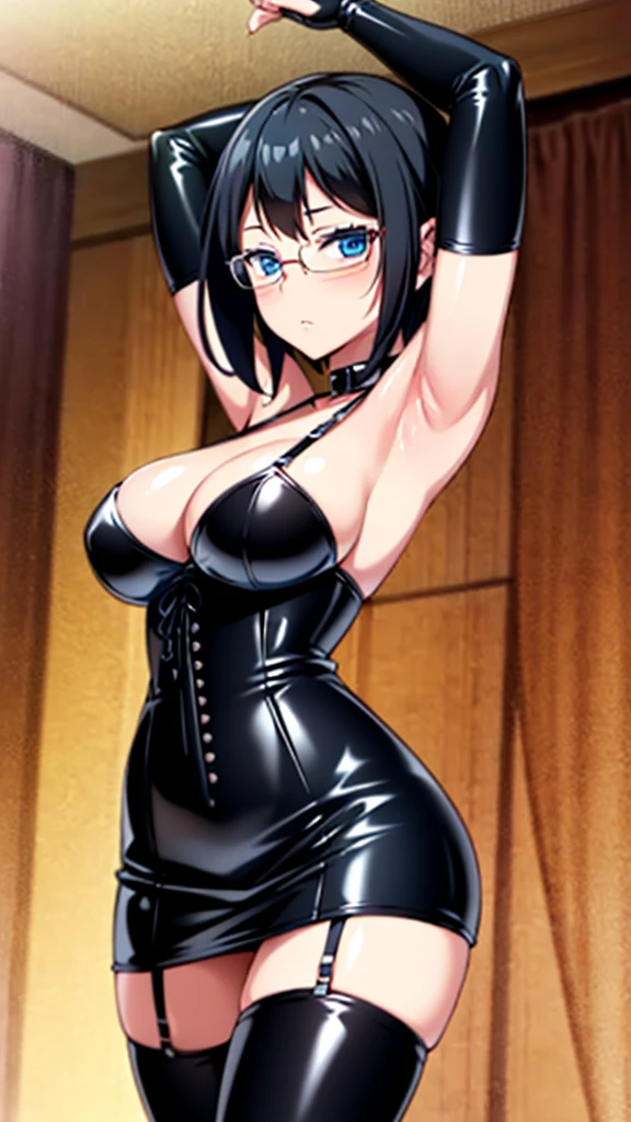 masterpiece, highest quality, High resolution, highly detailed face, Detailed CG, black hair, blue eyes, short hair,large breasts, (Long gloves covered in black latex all the way to the fingertips), (Black latex corset dress), (Halter neck corset dress), (Black latex tight mini skirt), (Black thigh-high boots),blush, stylish pose, stylish angle, looking at the viewer, in the center of the image, cowboy shot, arms up, armpits visible, detailed armpits , glasses