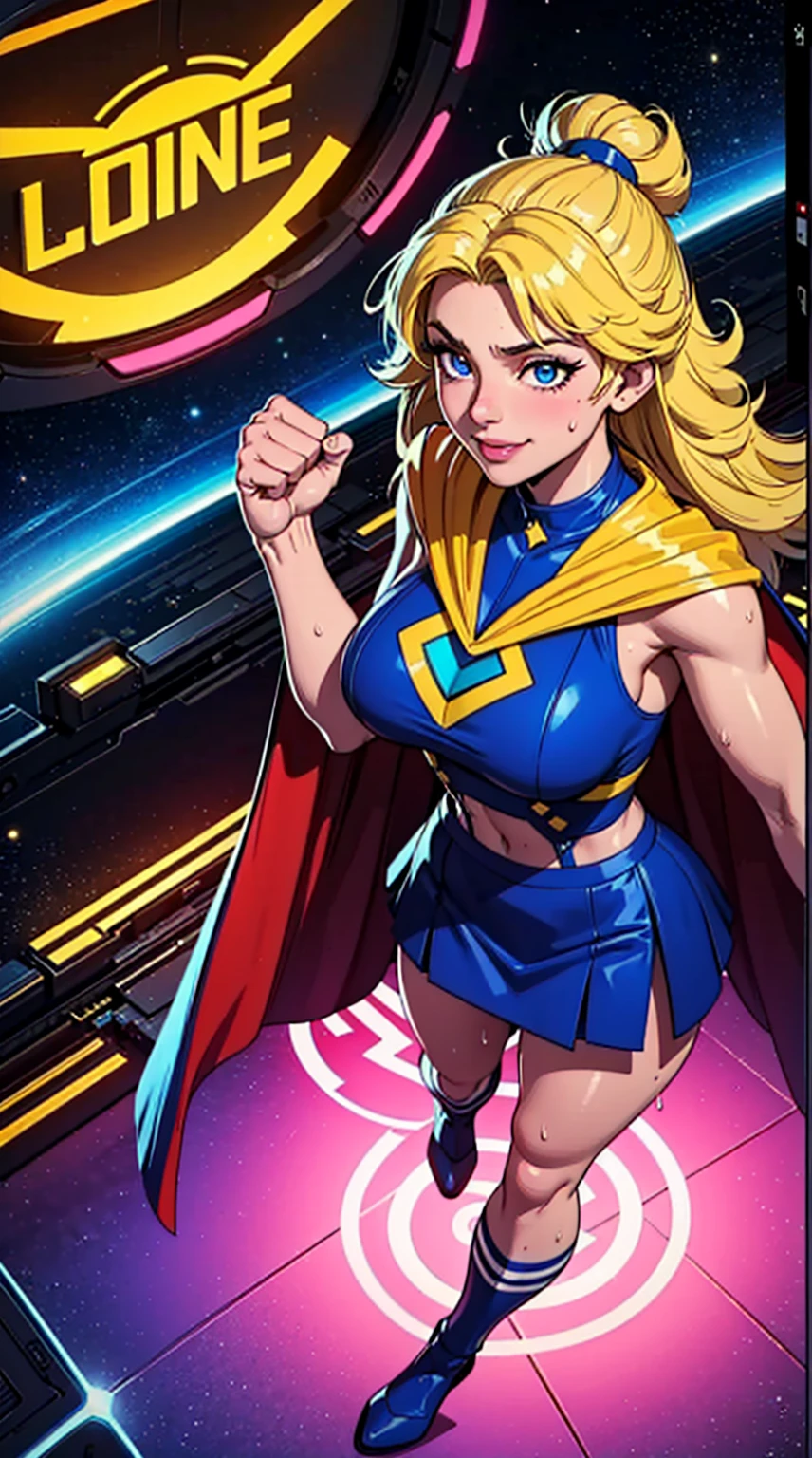 Digital painting of a woman with royal blue and yellow hair, super hero, muscle girl, pose, fist up, ((from above)), 1knee up, Behance Contest Winner, Afrofuturism, Synthwave, neon, glowing neon, sagging massive breasts, very short highschool skirt, cape, sweat, glossy silky skin, smile, in space,