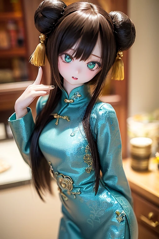 (SFW:2), photorealistic, realistic photo, 8k, ((highest quality)), ((masterpiece)), (extremely detailed), kukolnydom, doll, (mature woman, 21yo, 21 years old:1.6), solo, ((cowboy shot, parted lips, green eyes, brown hair)), double buns, (plastic skin, looking at another, glass eyes, shining eyes, detailed eyes, detailed face:1.3), china dress, qipao, chinese room