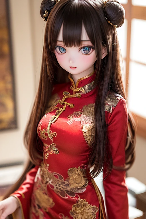 (SFW:2), photorealistic, realistic photo, 8k, ((highest quality)), ((masterpiece)), (extremely detailed), kukolnydom, doll, (mature woman, 21yo, 21 years old:1.6), solo, ((cowboy shot, parted lips, green eyes, brown hair)), double buns, (plastic skin, looking at another, glass eyes, shining eyes, detailed eyes, detailed face:1.3), china dress, qipao, chinese room