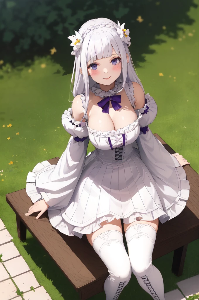 masterpiece, 1girl, Emilia, blunt bangs, long hair, crown braid,
white dress, detached collar, wide sleeves, x hair ornament, hair flower, hair ribbon, white thigh boots, cleavage, purple frills, pleated_white_skirt
sitting on bench, garden, arms at sides,
looking at viewer, (smile:1.2), blush, from above,