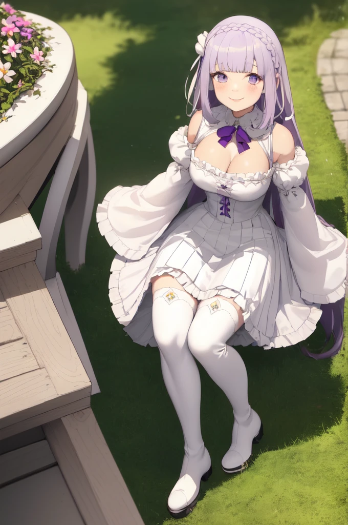 masterpiece, 1girl, Emilia, blunt bangs, long hair, crown braid,
white dress, detached collar, wide sleeves, x hair ornament, hair flower, hair ribbon, white thigh boots, cleavage, purple frills, pleated_white_skirt
sitting on bench, garden, arms at sides,
looking at viewer, (smile:1.2), blush, from above,