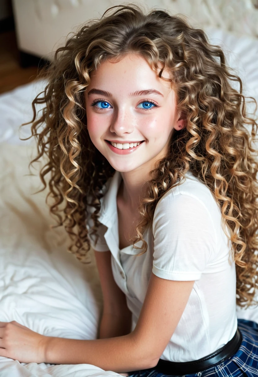 skinny, young teen lying on a bed , long boots, mini skirt, blue eyes, smile, curly hair
