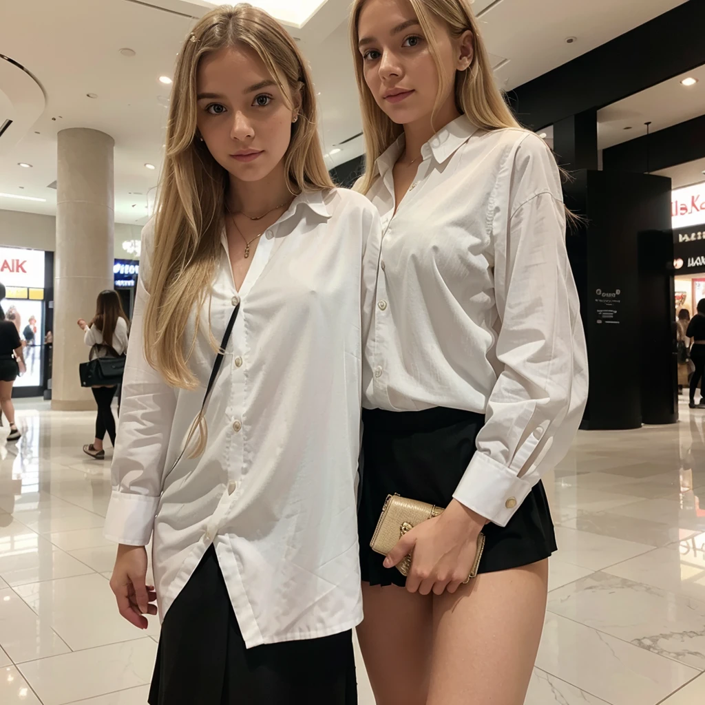 young blonde woman in white blouse and black skirt at the mall