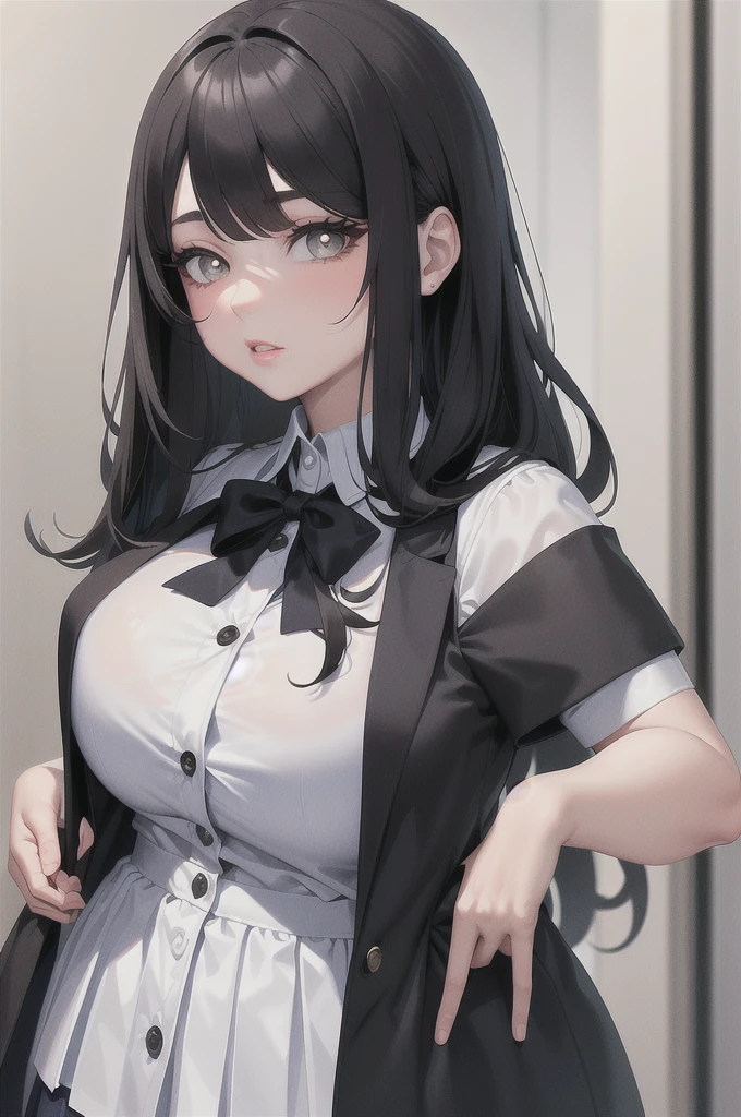 "(A perfect masterpiece:1.2), (the best quality:1.2), stunning face, schoolgirl uniform, mature and chubby, big pupils, bright eyes, makeup, long and luxurious eyelashes, full lips, irresistible charisma."transparent