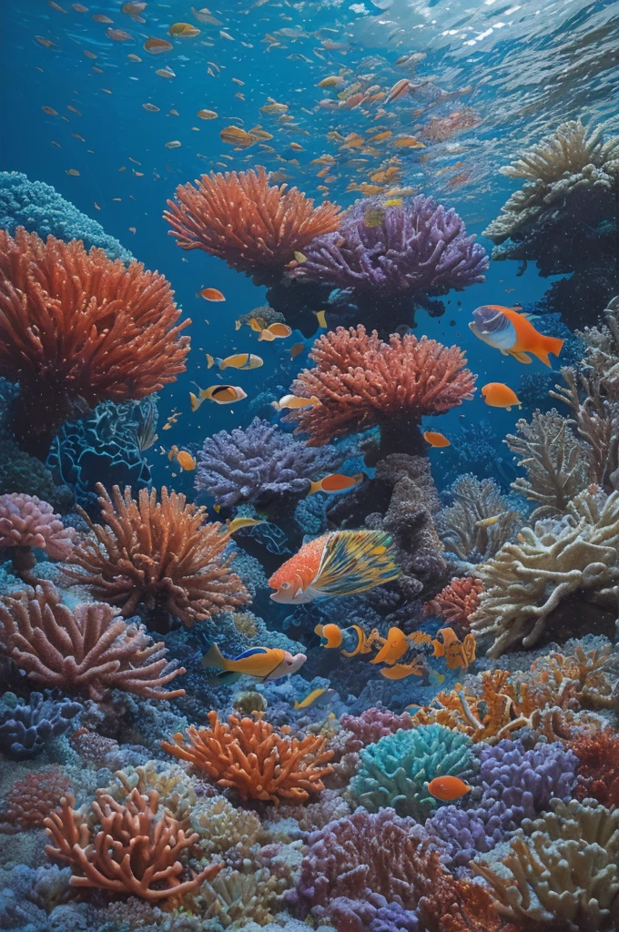 A 2d vibrant underwater scene featuring various One Piece-themed fish swimming amidst a lively coral reef. The fish should have unique, colorful designs inspired by the world of One Piece, with some resembling characters from the series but transformed into aquatic creatures. The scene includes dynamic water splashes and bubbles, creating a sense of motion and life. The background features a mix of coral formations, seaweed, and sunlight filtering through the water's surface, illuminating the scene with a magical glow.
