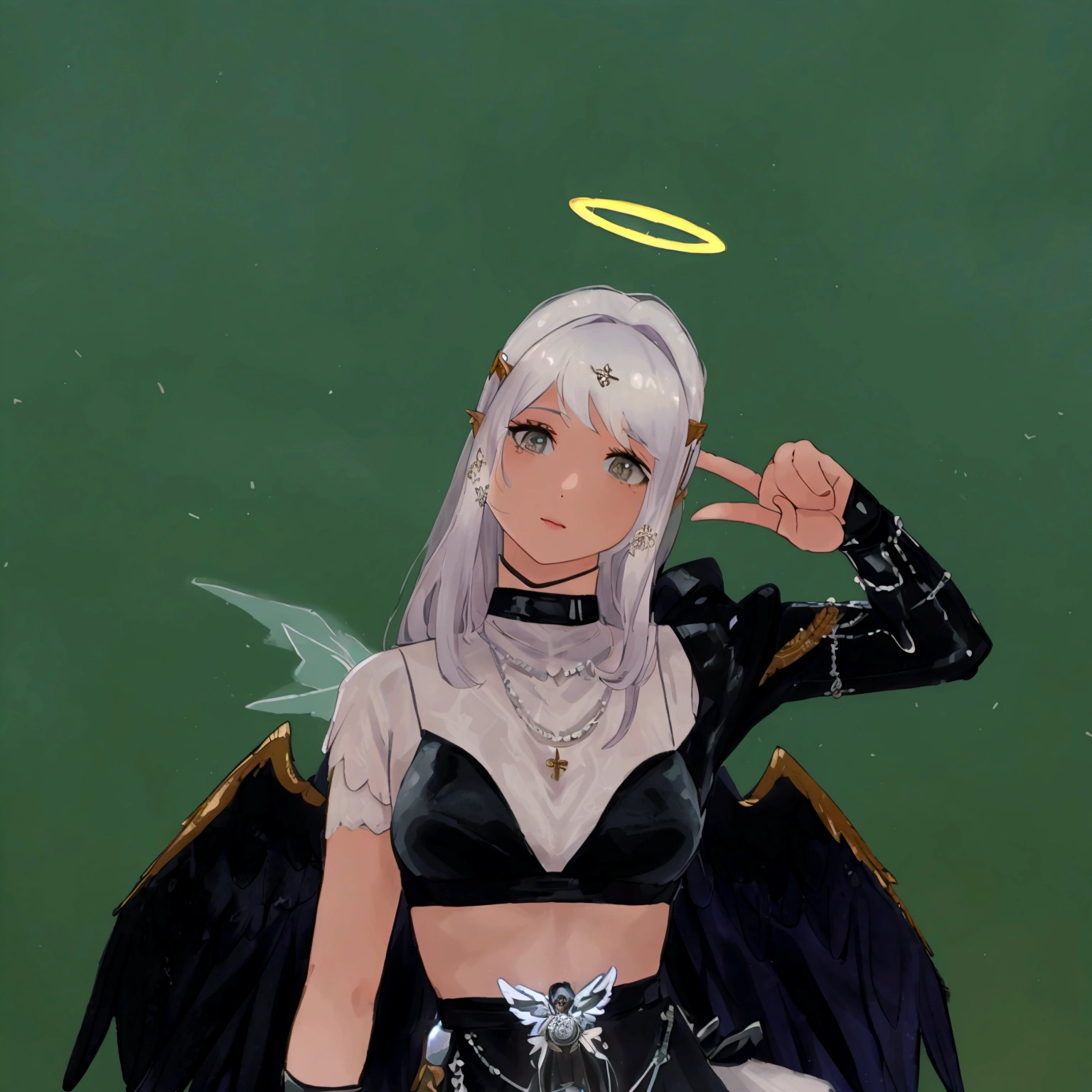 there is a 3d image of a woman dressed in a costume, wearing angel halo, angelic halo, angel halo, npc with a saint's halo, npc with a saint\'s halo, wearing angel, wearing angel halo covered face, holy halo, halo over her head, as a mystical valkyrie, halo above head, dark angel, divine ray over her head