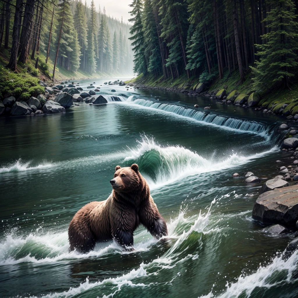 bear fishing on the river, the forest, fabulous