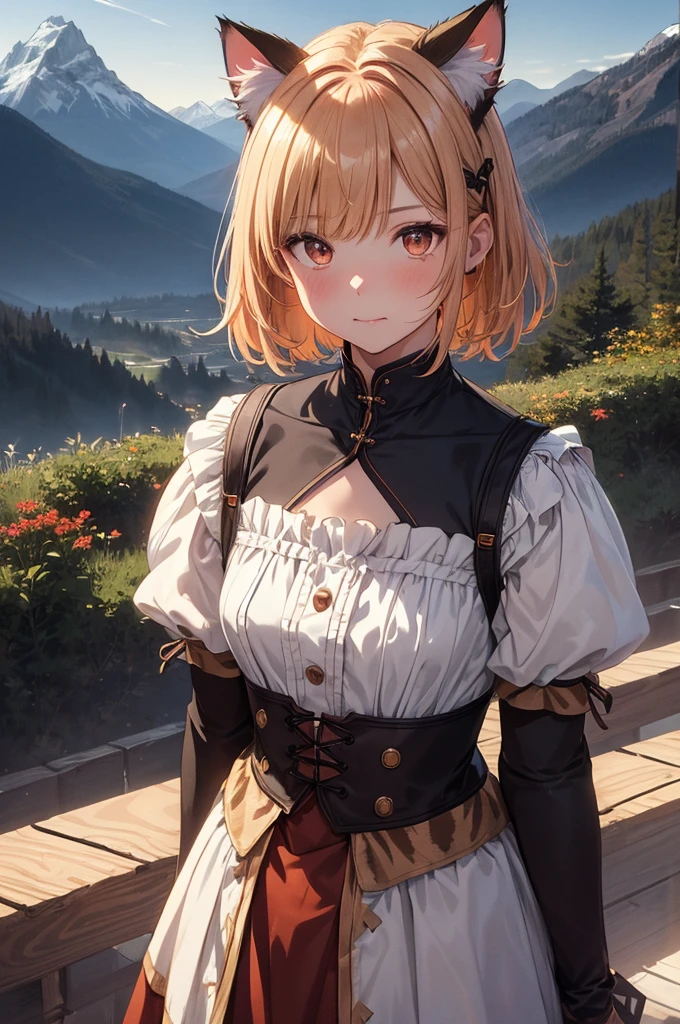 beautiful details한 소녀, clear and beautiful, glowing skin, female, no, young, 20 years, Short hair, Short hair, brown gradient hair, ((dutch costumes, bright color )) beautiful details, warm face, beautiful and delicate eyes, middle 가슴, brown eyes, real skin texture, Very nice 8KCG wallpaper, Very cool 8K CG wallpaper, Watercolor (middle), female warrior, (((cat ears))), (((dark, dark Night, midnight))) (((nature background, mountain, wood))), ((outdoors)), upper body cut, Costume colors are colorful and saturated.., stiff expression, embarrassed expression,
