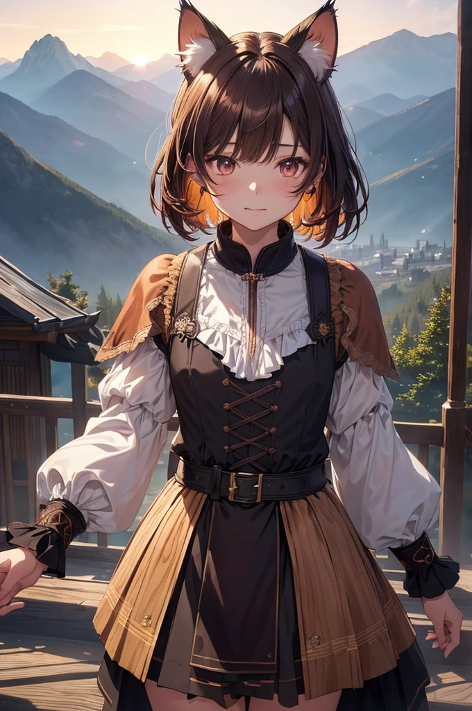 beautiful details한 소녀, clear and beautiful, glowing skin, female, no, young, 20 years, Short hair, Short hair, brown gradient hair, ((dutch costumes, bright color )) beautiful details, warm face, beautiful and delicate eyes, middle 가슴, brown eyes, real skin texture, Very nice 8KCG wallpaper, Very cool 8K CG wallpaper, Watercolor (middle), female warrior, (((cat ears))), (((dark, dark Night, midnight))) (((nature background, mountain, wood))), ((outdoors)), upper body cut, Costume colors are colorful and saturated.., stiff expression, embarrassed expression,