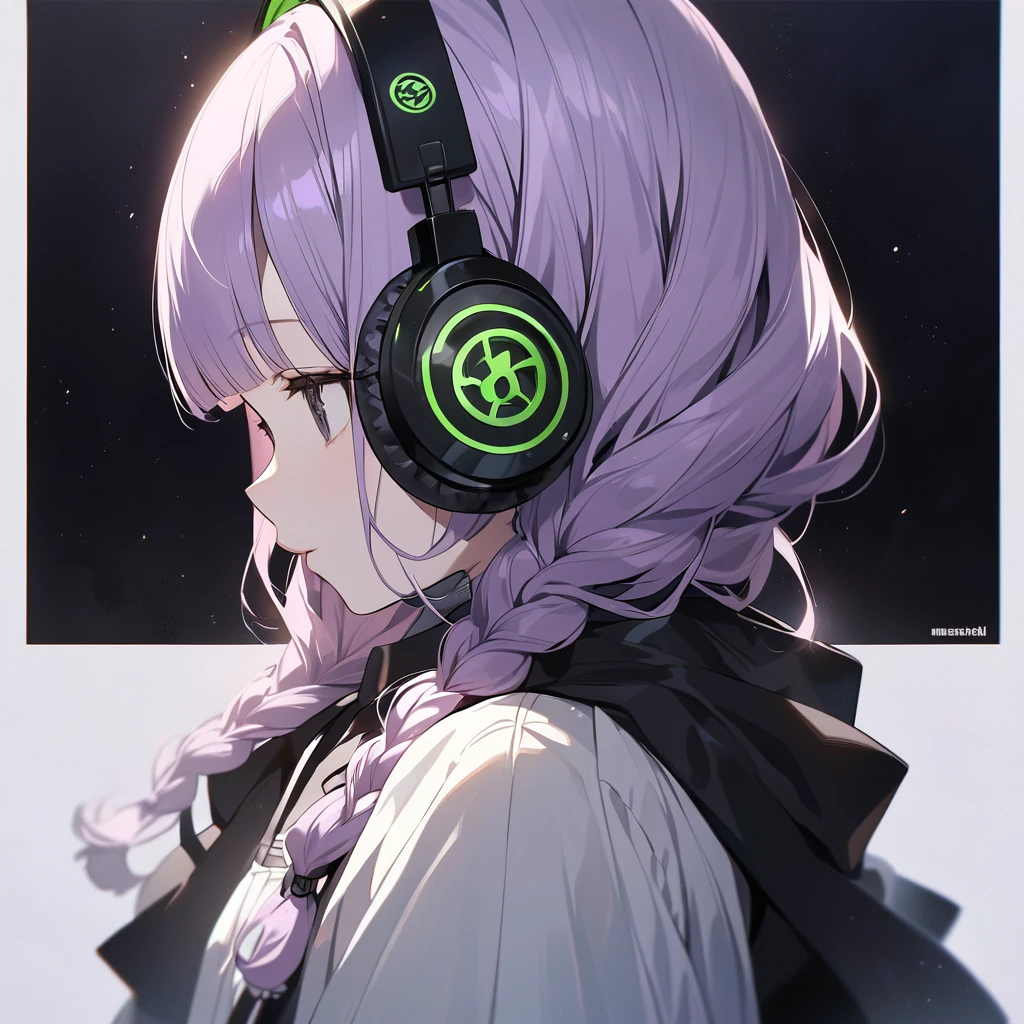 (Cute a girl:1.5), (a chibi girl with closs hair pin, pale purple hair, wavy two braids, blunt bangs hair, green and black eyes:1.4), anime visual, (tilt head:1.3), realistic lighting and shading, (an extremely delicate and beautiful art:1.3), (from side:1.5), (black-colored Square shaped headphones headphones:1.5), Marshall logo on headphones, looking lonely