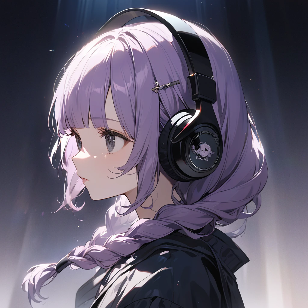 (Cute a girl:1.5), (a chibi girl with closs hair pin, pale purple hair, wavy two braids, blunt bangs hair, green and black eyes:1.4), anime visual, (tilt head:1.3), realistic lighting and shading, (an extremely delicate and beautiful art:1.3), (from side:1.5), (black-colored Square shaped headphones headphones:1.5), Marshall logo on headphones, looking lonely
