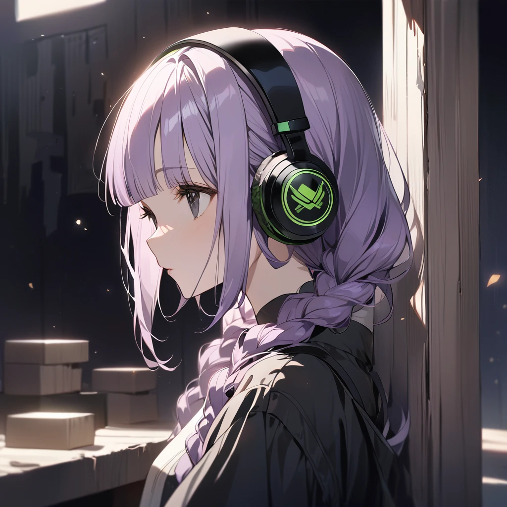 (Cute a girl:1.5), (a chibi girl with closs hair pin, pale purple hair, wavy two braids, blunt bangs hair, green and black eyes:1.4), anime visual, (tilt head:1.3), realistic lighting and shading, (an extremely delicate and beautiful art:1.3), (from side:1.5), (black-colored Square shaped headphones headphones:1.5), Marshall logo on headphones, looking lonely