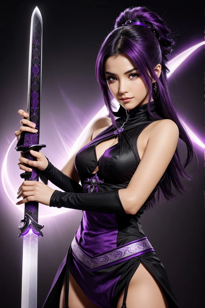 A girl with long black hair and bright blue eyes. She is dressed in purple ninja clothes. She has medium breasts. She holds two short swords glowing pink in her hands. She have a dark red lipsticks. She stands in the night forest