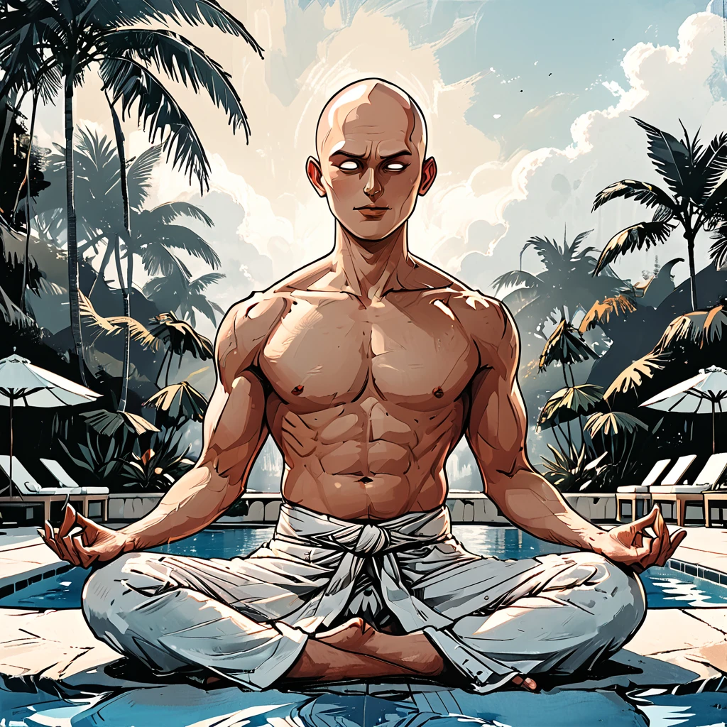 blind Buddhist monk sitting in lotus position next to the pool at the white hotel, tropical, palm, white hotel, pool, round face, white eyes, no eyebrows, no hair, bald, paw-eared, round cheeks, narrow lips, man, white sclera eyes, Whitewash Eyes, ((orange Kashaya)), graphic style of novel comics, perfect hands, 2d,
8k, hyperrealism, masterpiece, high resolution, best quality, ultra-detailed, super realistic, Hyperrealistic art, high-quality, ultra high res, highest detailed, lot of details, Extremely high-resolution details, incredibly lifelike, colourful, soft cinematic light,