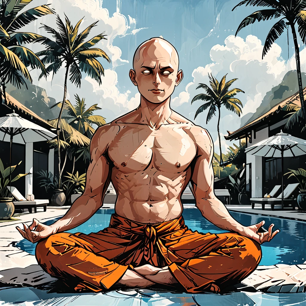 blind Buddhist monk sitting in lotus position next to the pool at the white hotel, tropical, palm, white hotel, pool, round face, white eyes, no eyebrows, no hair, bald, paw-eared, round cheeks, narrow lips, man, white sclera eyes, Whitewash Eyes, ((orange Kashaya)), graphic style of novel comics, perfect hands, 2d,
8k, hyperrealism, masterpiece, high resolution, best quality, ultra-detailed, super realistic, Hyperrealistic art, high-quality, ultra high res, highest detailed, lot of details, Extremely high-resolution details, incredibly lifelike, colourful, soft cinematic light,

