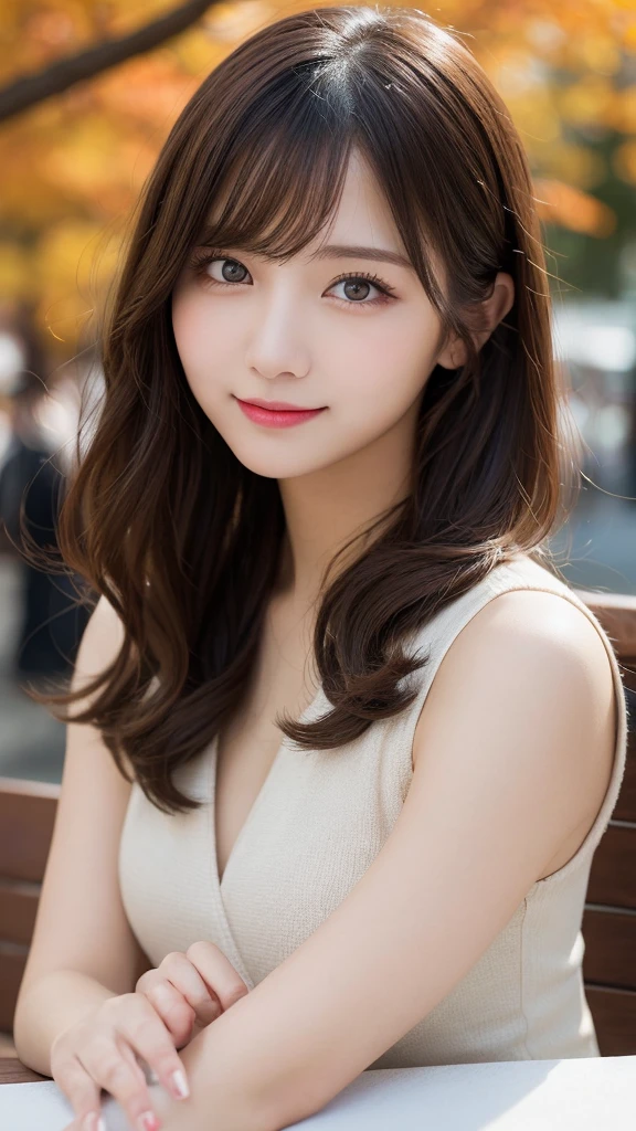 table top, highest quality, figure, Super detailed, finely, High resolution, 8k wallpaper, Perfect dynamic composition, detailed and beautiful eyes, autumn ladies fashion,wavy hair,、Natural color lip, bold sexy pose,smile,harajuku、20 year old girl、cute、sexy shot looking at camera