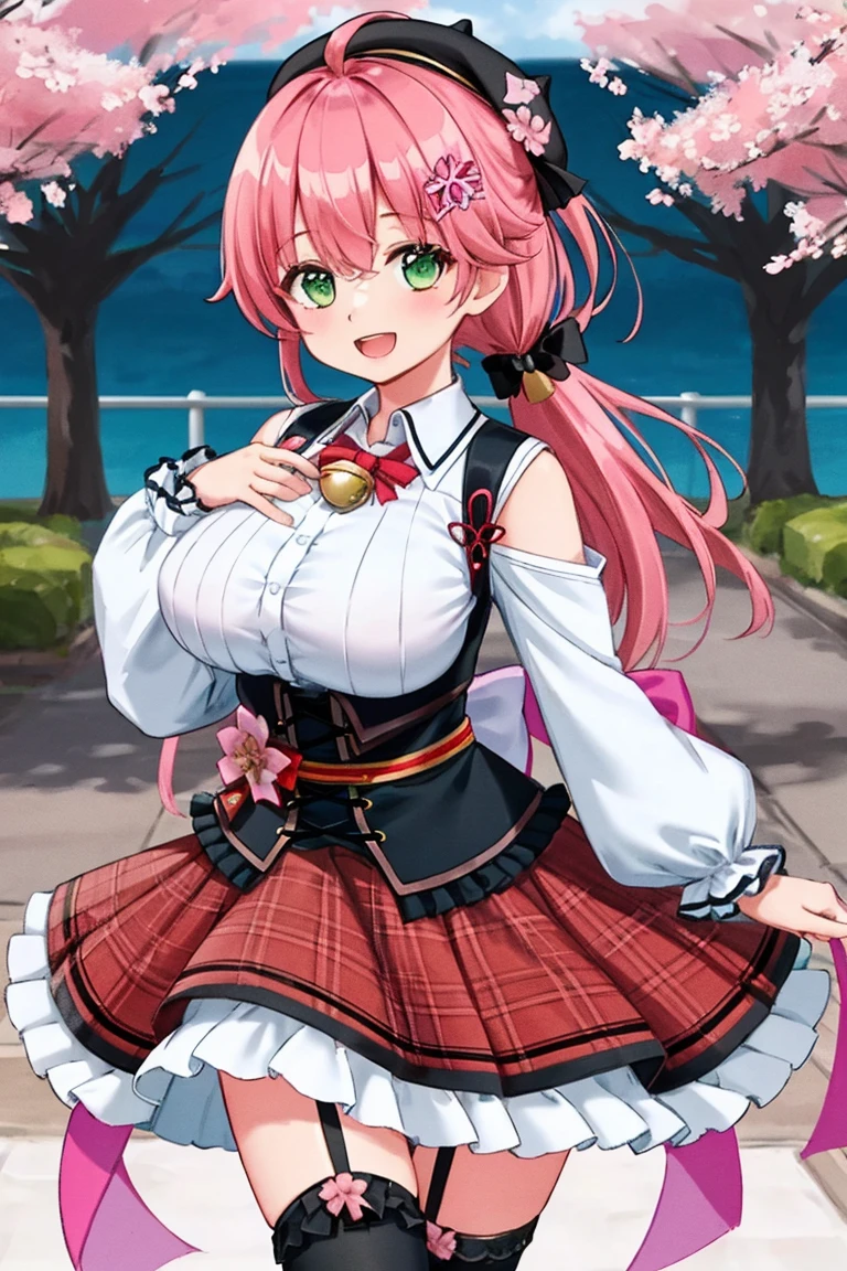 masutepiece, Best_Quality, hight_resolution, miko2,Ponytail, 1girl, Ahoge, black headwear, Hair Ornament, White shirt, black thighhighs, Pink hair, Red_skirt, very_short_skirt, plaid skirts, garter_strap, Collared shirt, hair clips, frilld, Bangs, hair between eye, frills skirt, beret, Pleated skirt, Hair Flower, Neck bell, , puffy long sleeves, Black bow, Underbust, Smile, (large_breasts:1.3),covered_nipples, green_eyes, happy, dynamic_angle,spread_legs,(big_smile:1.2),plump,open_mouth,shout,half_eyes,cherryblossom_park_landscape_background,