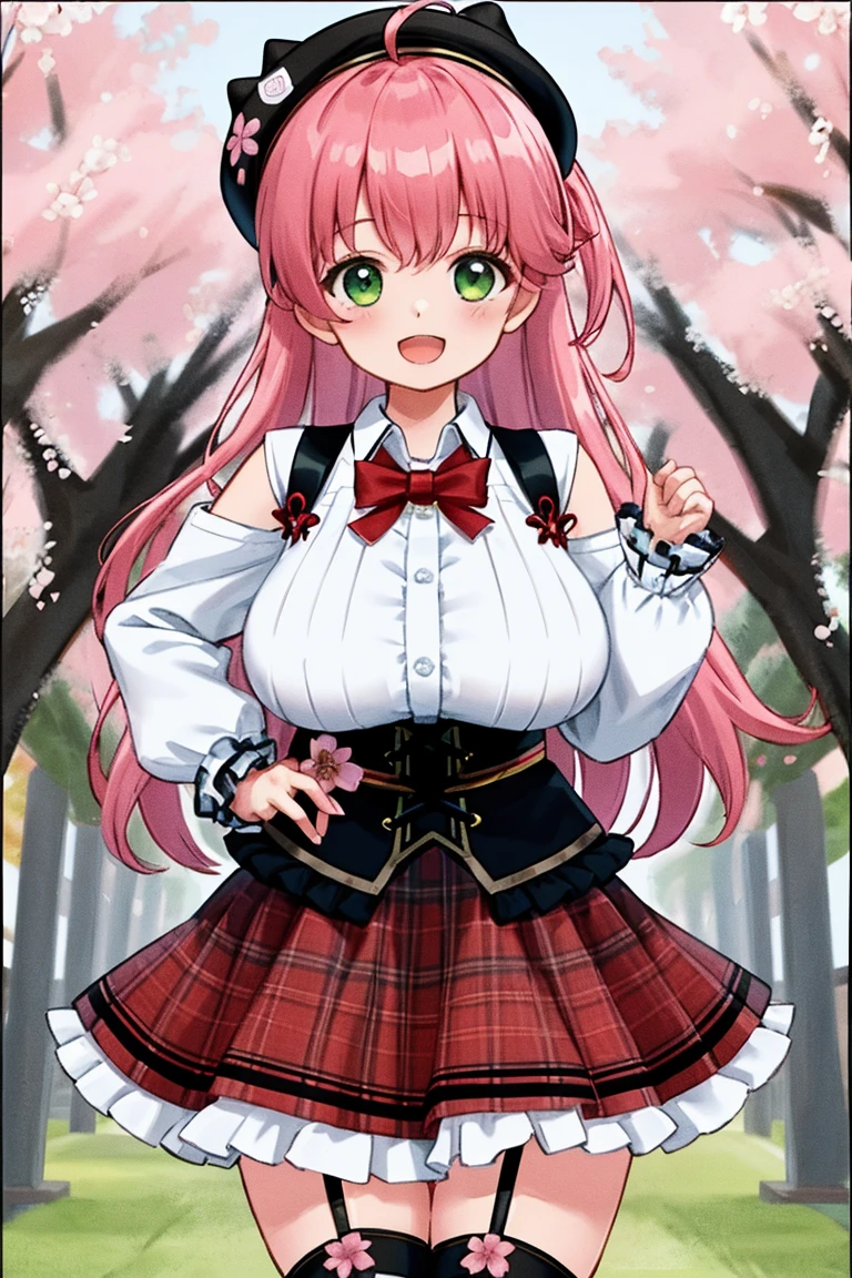 masterpiece, best quality, full body, 1girl, bangs, black choker, black necktie, black hair, blue skirt, blush, bracelet, breasts, choker, clothes around waist, collarbone, collared shirt, cowboy shot, dress shirt, ear piercing, eyebrows visible through hair, gradient hair, grin, gyaru, jewelry, kogal, long hair, looking at viewer, loose necktie, necktie, piercing, plaid, plaid skirt, pleated skirt, red eyes, ring, school uniform, shirt, skirt, smile, solo, white shirt, street, sky, cherry blossoms, petals,illustration, (magazine:1.3), (cover-style:1.3), fashionable, woman, vibrant, outfit, posing, front, colorful, dynamic, background, elements, confident, expression, holding, statement, accessory, majestic, coiled, around, touch, scene, text, cover, bold, attention-grabbing, title, stylish, font, catchy, headline, larger, striking, modern, trendy, focus, fashion,