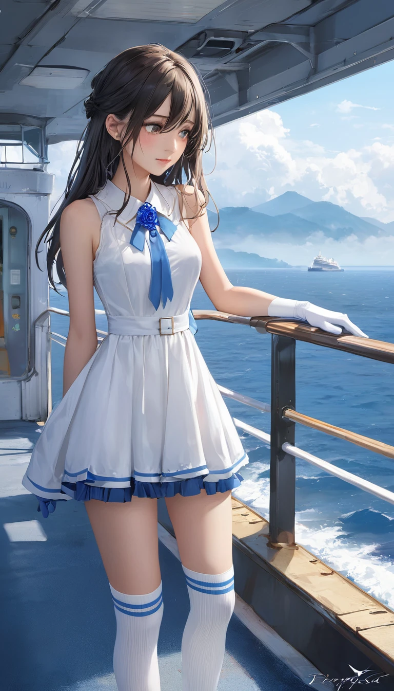 (masterpiece, Highest quality:1.2), One girl, alone,bony body、15 years old、((Highest quality)), ((masterpiece)), ((1 Girl)), alone, ferry, ((Long Hair)), ferryBase, ((Knee socks)), Bare shoulders, ((jewelry)), ((Sleeveless)), White Dress, Blue Skirt, ((gloves)), Thigh height,