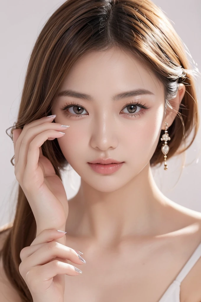 A close-up portrait of a Japanese woman in a studio setting, with beautifully styled light-colored hair, eyelashes, and full makeup, including blush on her cheeks. She has dusty pink nail polish on her nails, which are clearly visible as her hand gently touches her cheek. Her hand is elegantly positioned with well-defined fingers and nails, prominently displaying the nail art. The lighting is bright and illuminating, enhancing the clarity and details of the image. The background is pure white, creating a clean and bright atmosphere. Ensure the background is completely white with no other elements.