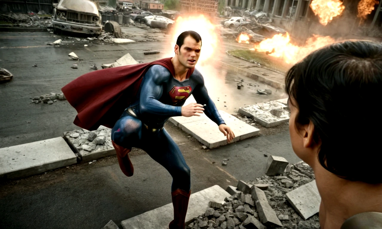 Superman flying to save a falling woman ,in a scenario with destruction ,, Standard scenario , images without deformities , best overall quality , ​masterpiece