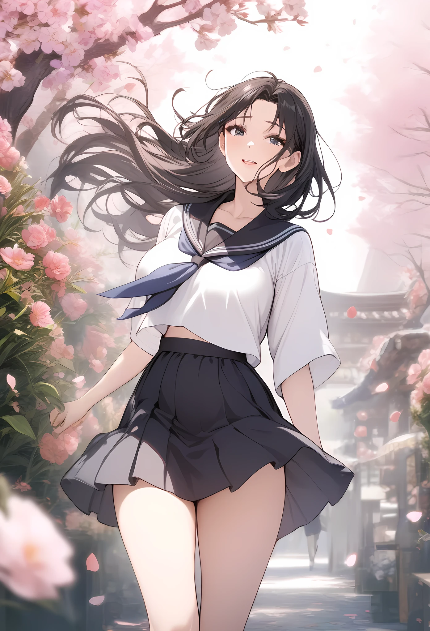masterpiece, best quality, very aesthetic, absurdres, 1girl, mature_lady,  ,akebi_komichi, akebi-chan_no_serafuku, 1girl, black_hair, long_hair, hair_behind_ear,,surrounding by flowers,falling_petals, outdoors, petals,,,blur background,background defocus,floating hair,
