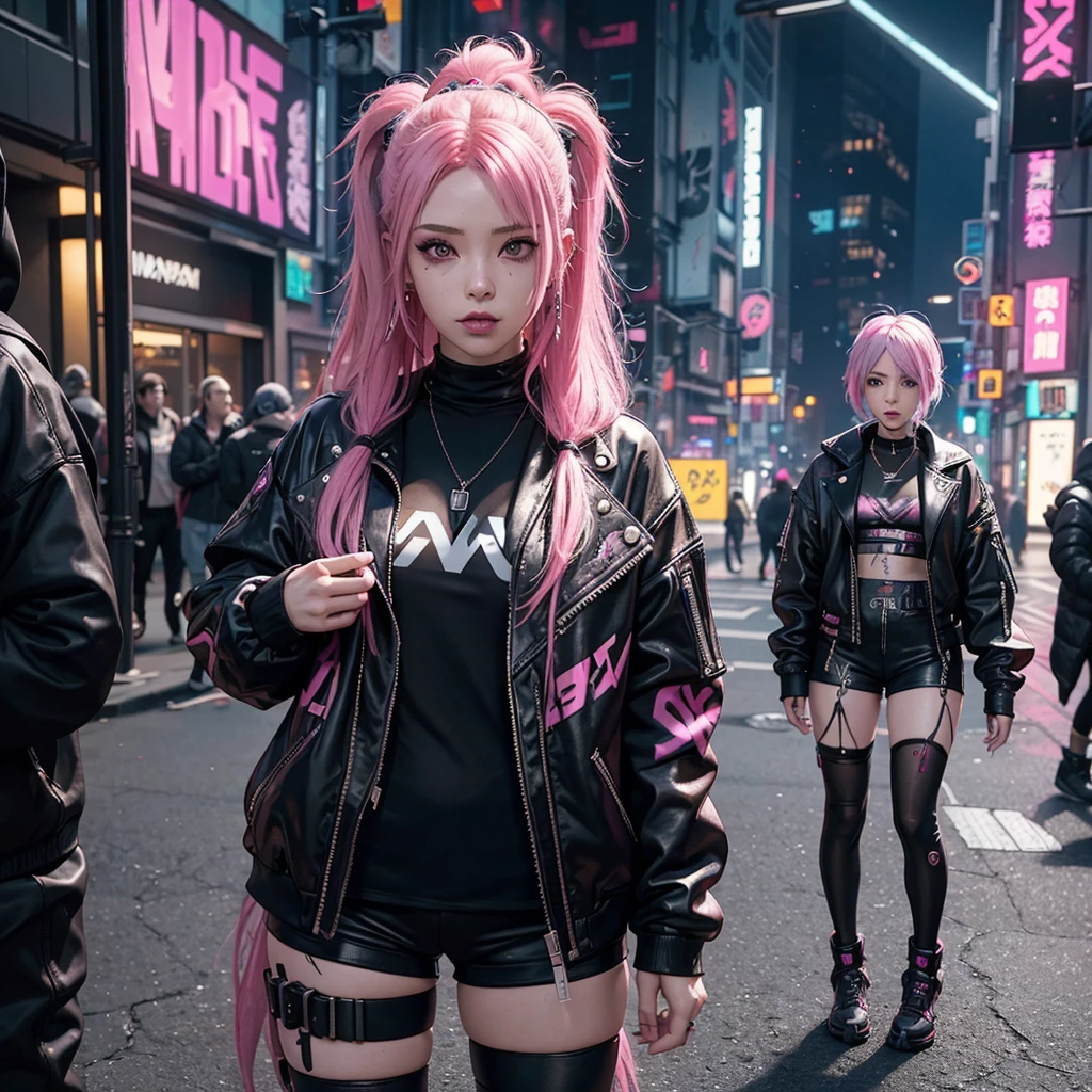 a woman with pink hair and piercings squats in a black outfit, cyberpunk 2 0 y. o Model Girl, cyberpunk anime girl, female cyberpunk anime girl, in cyberpunk style, cyberpunk girl, in a cyberpunk setting, Jessica Schwarz, beautiful cyberpunk girl, cyberpunk streetwear, wearing cyberpunk streetwear, style of cyberpunk 2 0 7 7, beautiful cyberpunk female model