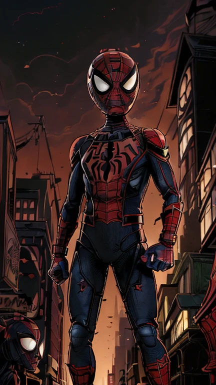 best quality,masterpiece,1boy,solo,(((****ars ***))),japanese boy,an extremely cute and handsome boy,highly detailed handsome face and eyes,petit,cute face,lovely face,baby face,shy smile,show teeth, Blonde hair,short hair,flat chest,skinny,slender,(((wearing Spider-Man costume,red superhero helmet,black hero mask style))),(((standing in Dark Midnight TimBurton animation style Metropolis city))),he is looking at the viewer,