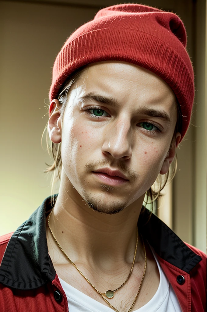 young rapper man, short black hair, Caucasian skin, with red t-shirt, with a gold chain of green eyes, blond mustache and low blond goatee with a red beanie