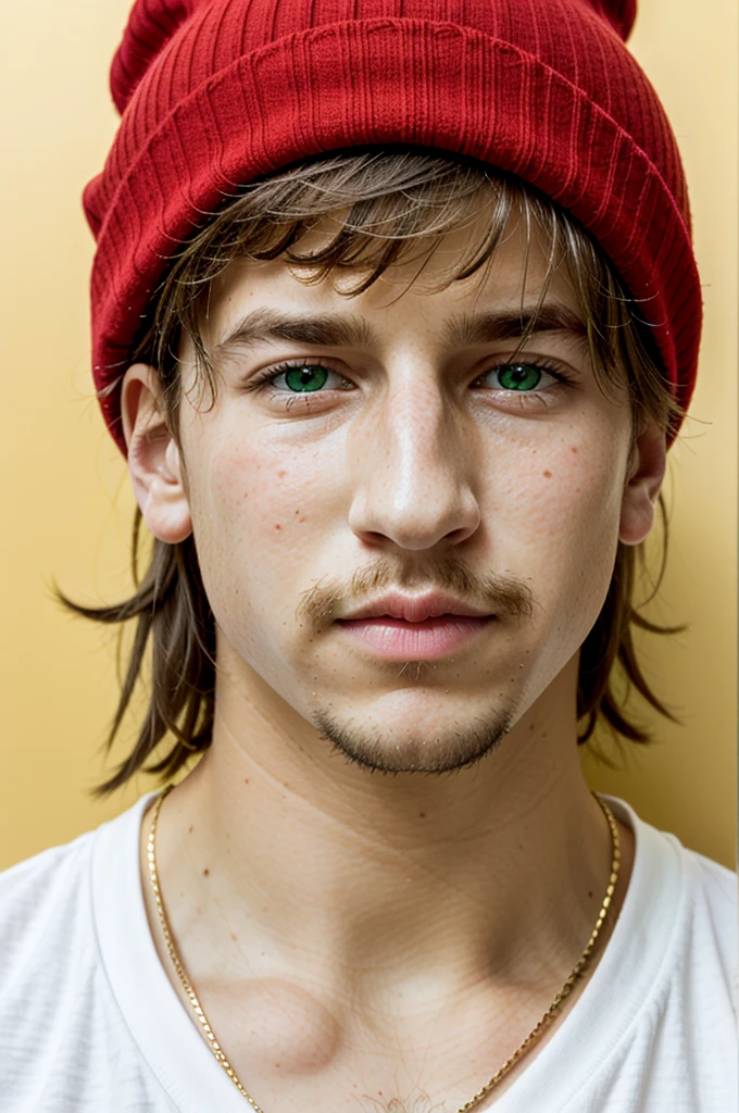 young rapper man, short black hair, Caucasian skin, with red t-shirt, with a gold chain of green eyes, blond mustache and low blond goatee with a red beanie
