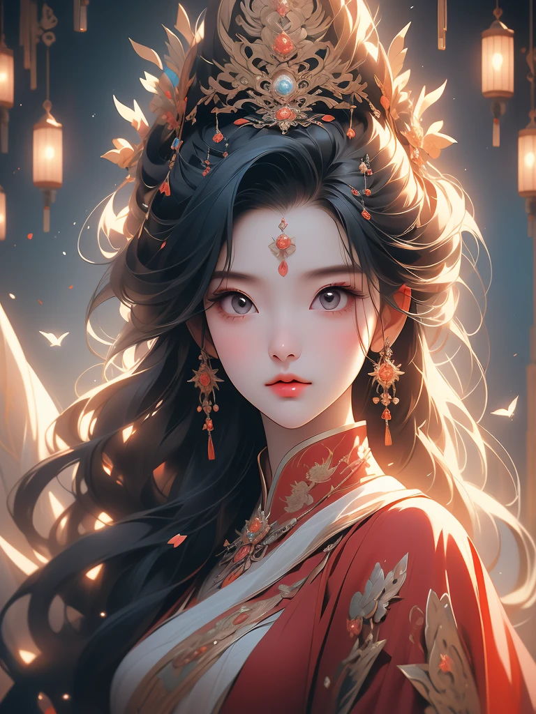 1girl in a red long dress with flowing hair, a beautiful fantasy empress, spuer beauty,inspired by Lan Ying, full body xianxia, by Qu Leilei, inspired by Ju Lian, inspired by Li Mei-shu, inspired by Qiu Ying, heise jinyao, ancient chinese princess, flowing hair and long robes, ((a beautiful fantasy empress)),((colorful)),(Tang Dynasty), masterpiece, best quality, beautifully painted, high level of detail,(noise removal :0.6), [ink proof],(ink refractive), ,detail,Blank background,(best quality, extremely detailed CG unified 8k wallpaper, proficient, best quality, super detail),(Shimmery blue light),silk-wrapped upper body,((((beautiful face)))
