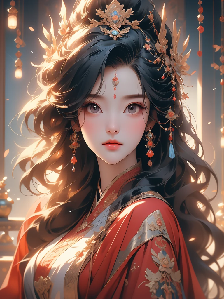 1girl in a red long dress with flowing hair, a beautiful fantasy empress, spuer beauty,inspired by Lan Ying, full body xianxia, by Qu Leilei, inspired by Ju Lian, inspired by Li Mei-shu, inspired by Qiu Ying, heise jinyao, ancient chinese princess, flowing hair and long robes, ((a beautiful fantasy empress)),((colorful)),(Tang Dynasty), masterpiece, best quality, beautifully painted, high level of detail,(noise removal :0.6), [ink proof],(ink refractive), ,detail,Blank background,(best quality, extremely detailed CG unified 8k wallpaper, proficient, best quality, super detail),(Shimmery blue light),silk-wrapped upper body,((((beautiful face)))
