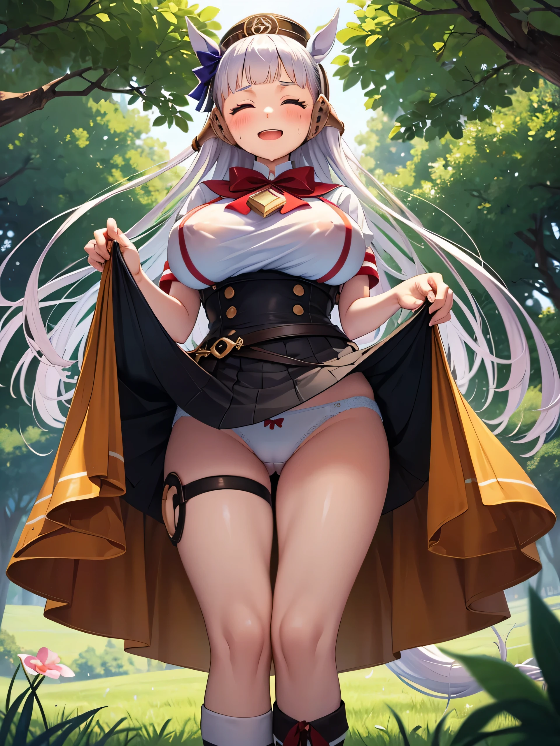 (masterpiece, Highest quality:1.2), alone, One girl, 幼いchildのゴールドシップ, pillbox hat,clothes、one piece、Knee-high socks、Horse tail,、grassland、Nature、blush、(Huge breasts:1.4)、Transparent clothes、Clothes are see-through、、Kindergarteners、、6 、、の小さな体、From below、Clothes get wet、Nipples are visible、Close your eyes and laugh、smile、Stand with your knees bent、Bow-legged、Flashy underwear、is see-through、Skirt lift、Dripping a lot of thick white love juice
