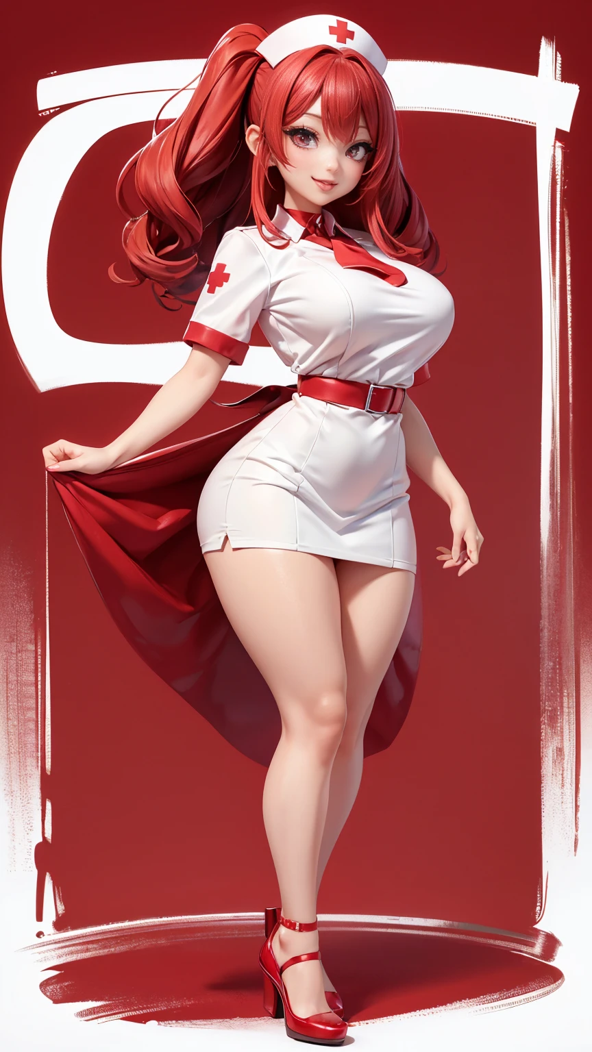 (full_body)、Woman、red_background、(big_breasts:1.5)、white_nurse