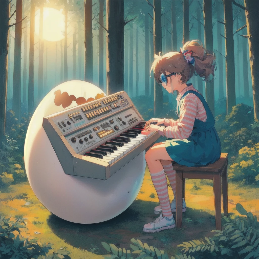 Anime girl playing keyboard on a giant egg,Celeste&#39;s Madeline, Official Artwork, Lofi Art, 80s anime style,official Fan art, Lo-fi Girl, nodded, lofi album art, Promotional Art, Fan art, high quality Fan art, Background artwork, Official Art, Lofi Artstyle, Synth feel, High quality artwork, Chill Hop, Portrait of Rofi