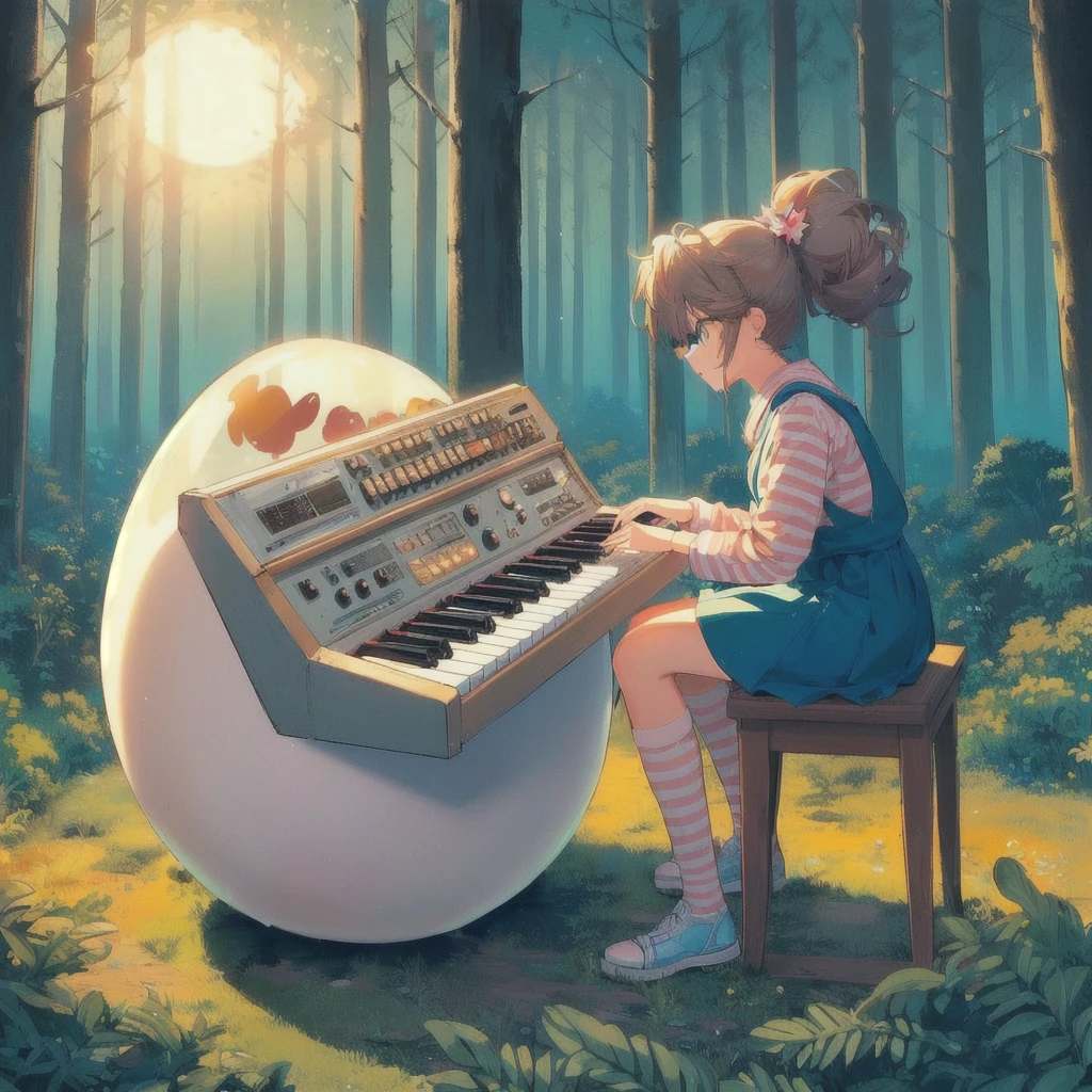 Anime girl playing keyboard on a giant egg,Celeste's Madeline, Official Artwork, Lofi Art, 80s anime style,official Fan art, Lo-fi Girl, nodded, lofi album art, Promotional Art, Fan art, high quality Fan art, Background artwork, Official Art, Lofi Artstyle, Synth feel, High quality artwork, Chill Hop, Portrait of Rofi