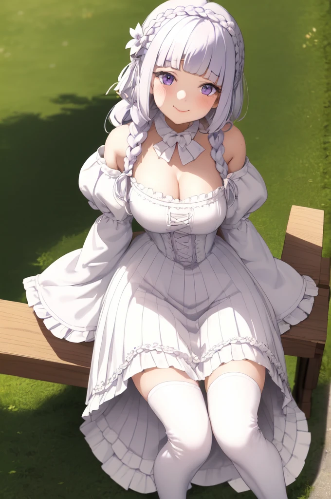 masterpiece, 1girl, Emilia, blunt bangs, long hair, crown braid,
white dress, detached collar, wide sleeves, x hair ornament, hair flower, hair ribbon, white thigh boots, cleavage, purple frills, pleated_white_skirt
sitting on bench, garden, arms at sides,
looking at viewer, (smile:1.2), blush, from above,
