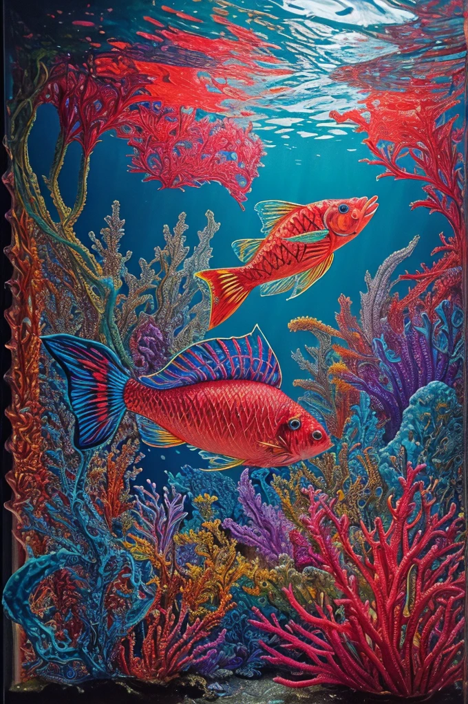 A vibrant 2D underwater scene featuring various One Piece-themed fish and marine creatures, designed with intricate, colorful, and detailed styles similar to the provided images. Include dynamic elements such as water splashes and bubbles to create a sense of motion and life. The fish should have unique, fantastical designs inspired by the One Piece universe, incorporating elements like exaggerated features, bold colors, and intricate patterns. The background should feature a mix of coral formations, seaweed, and sunlight filtering through the water's surface, illuminating the scene with a magical glow.