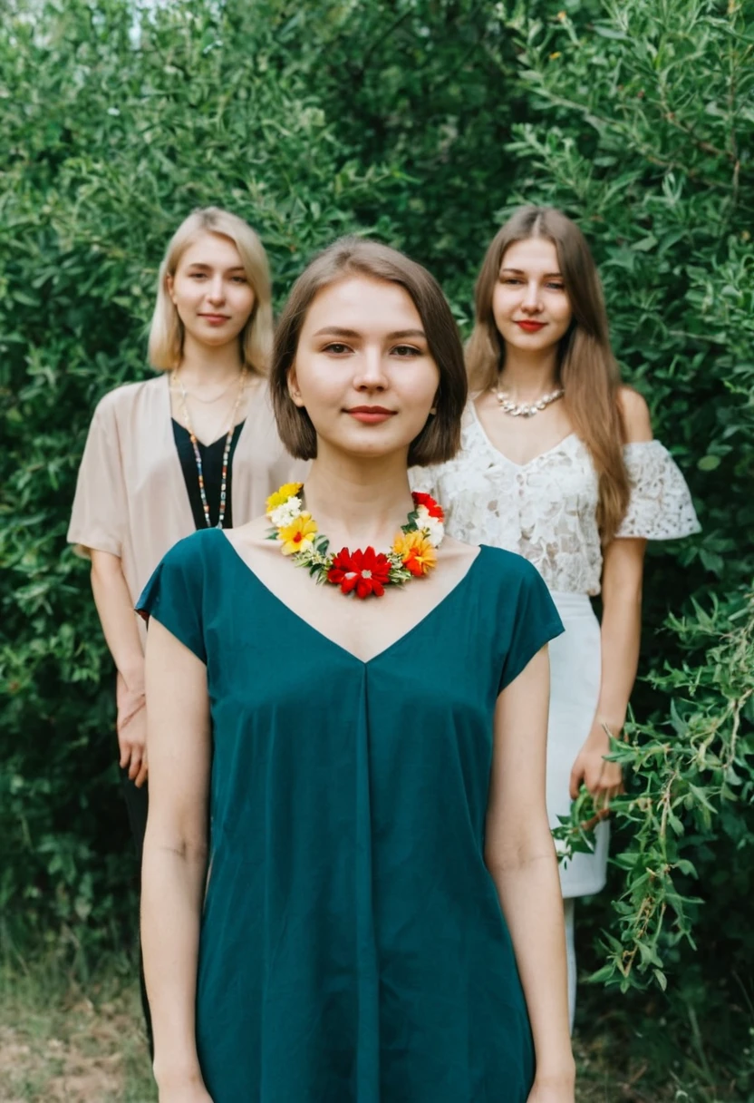 arafed woman with a flower necklace standing in front of a bush, moleksandra shchaslyva, anna nikonova, nadezhda tikhomirova, anna podedworna, nina tryggvadottir, anastasia ovchinnikova, maria panfilova, marina federovna, julia gorokhova